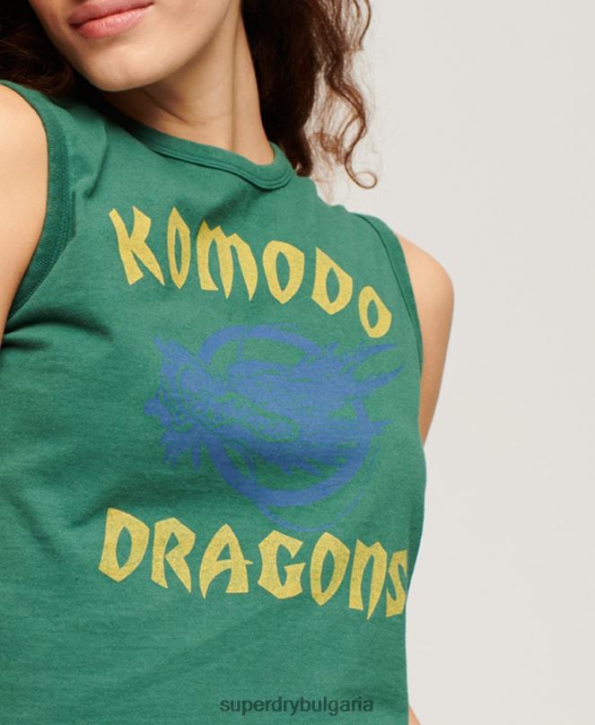 Superdry x Komodo облекло N00H2097 зелено Жени класическа горна жилетка с дракон