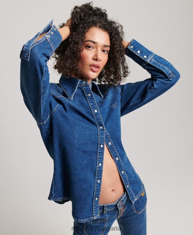 Superdry облекло N00H2892 тъмно синьо Жени дънкова уестърн риза от органичен памук