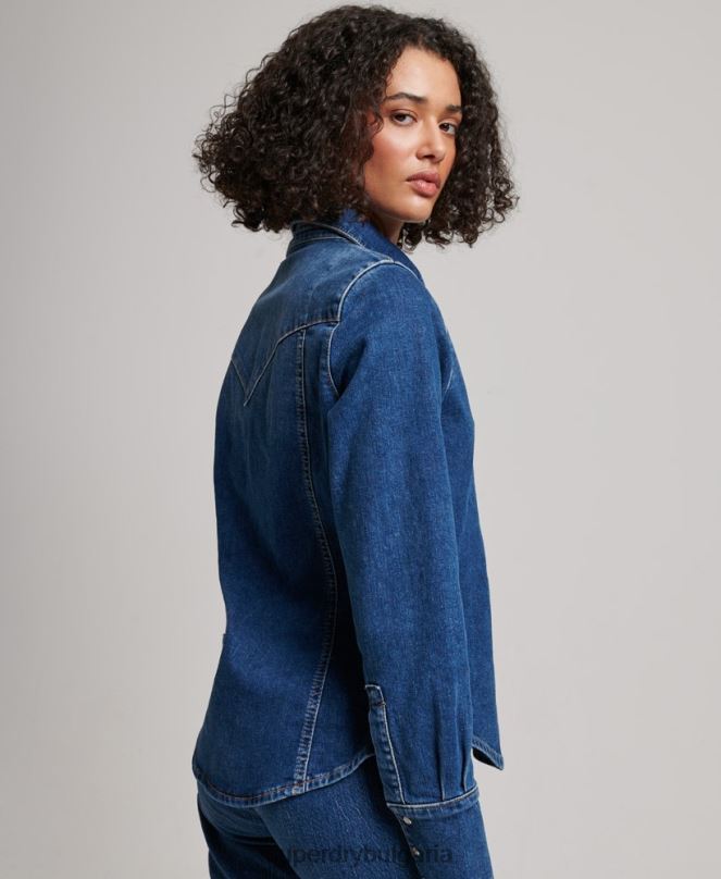 Superdry облекло N00H2892 тъмно синьо Жени дънкова уестърн риза от органичен памук