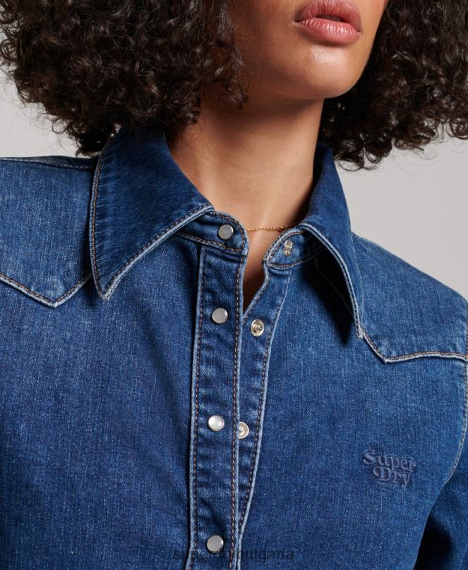 Superdry облекло N00H2892 тъмно синьо Жени дънкова уестърн риза от органичен памук