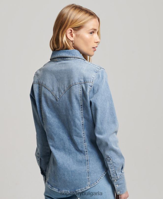 Superdry облекло N00H2950 светло синьо Жени дънкова уестърн риза от органичен памук