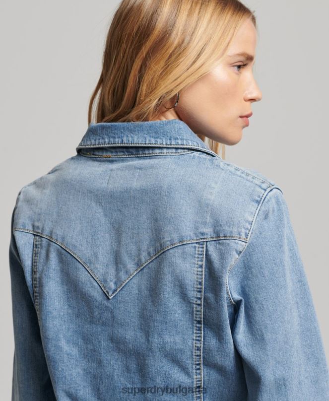 Superdry облекло N00H2950 светло синьо Жени дънкова уестърн риза от органичен памук