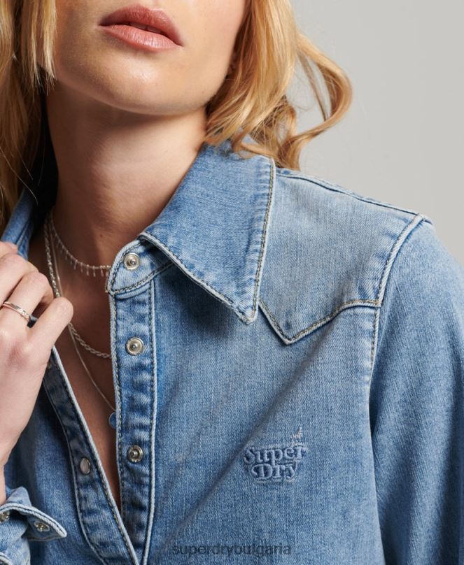 Superdry облекло N00H2950 светло синьо Жени дънкова уестърн риза от органичен памук