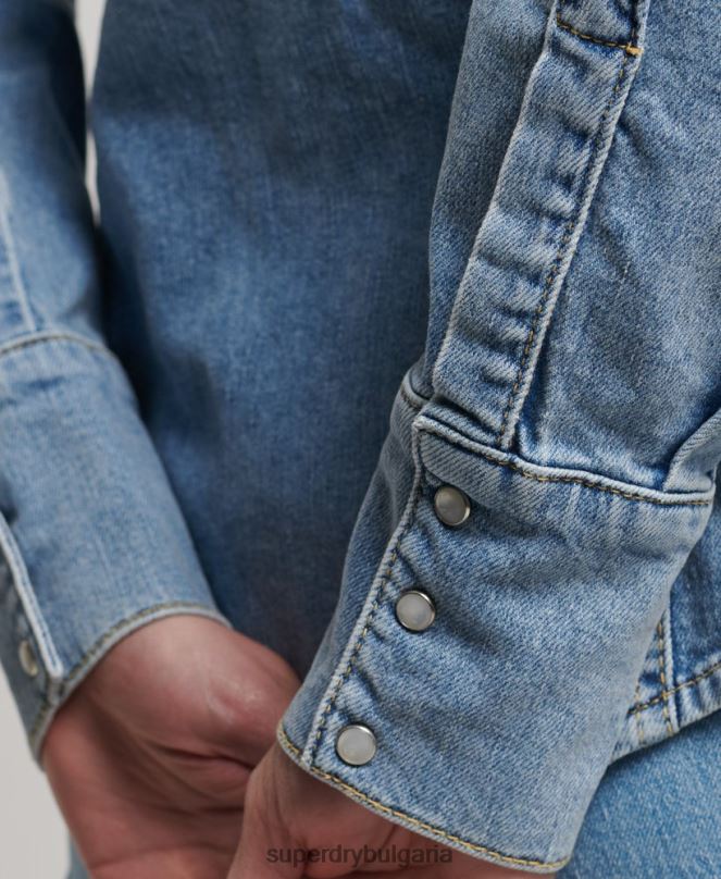 Superdry облекло N00H2950 светло синьо Жени дънкова уестърн риза от органичен памук