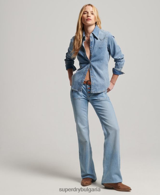 Superdry облекло N00H2950 светло синьо Жени дънкова уестърн риза от органичен памук