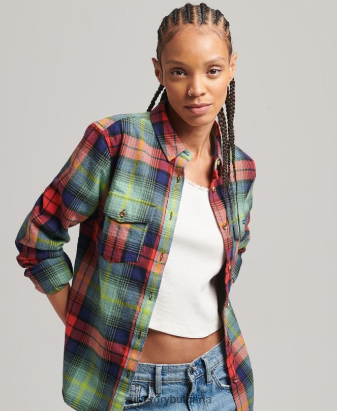 Superdry облекло N00H3042 зелено Жени карирана фланелена риза от органичен памук
