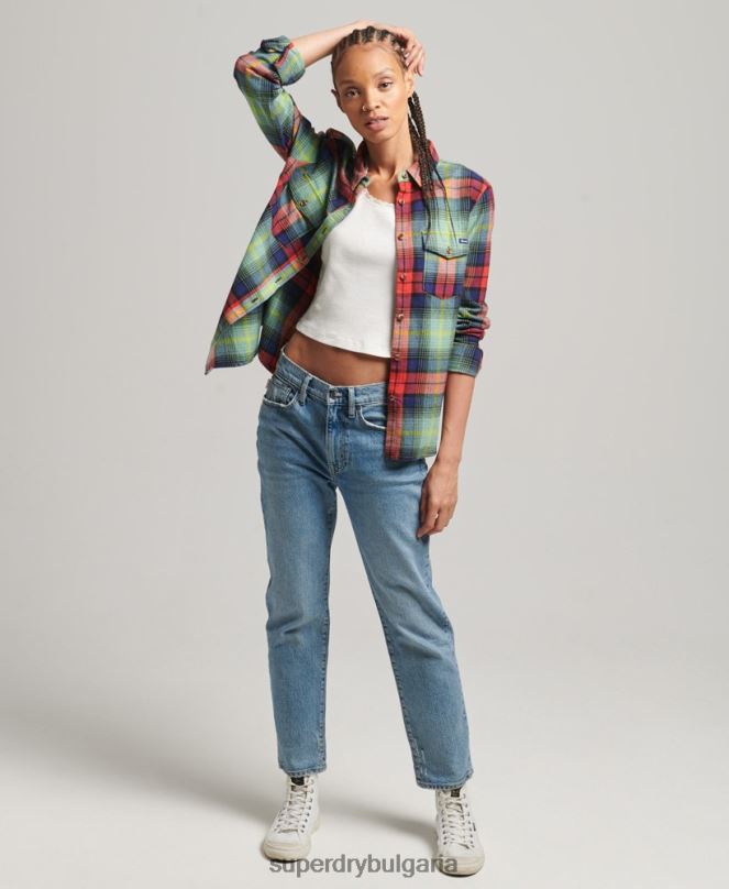 Superdry облекло N00H3042 зелено Жени карирана фланелена риза от органичен памук