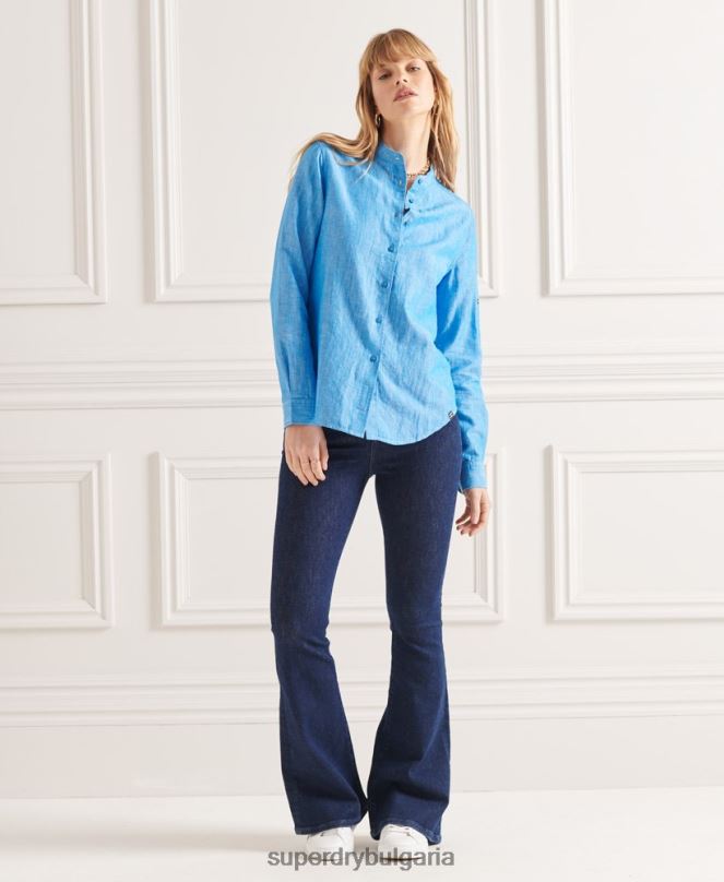 Superdry облекло N00H3066 син Жени студия ленена риза на дядо