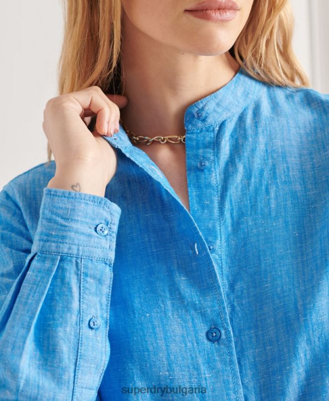 Superdry облекло N00H3066 син Жени студия ленена риза на дядо
