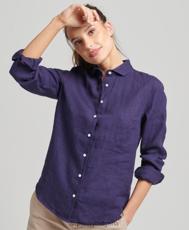 Superdry облекло N00H6513 военноморски флот Жени студийна ленена риза с дълъг ръкав