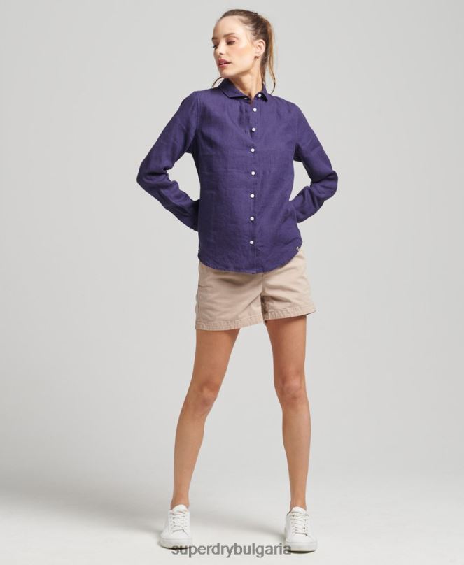 Superdry облекло N00H6513 военноморски флот Жени студийна ленена риза с дълъг ръкав