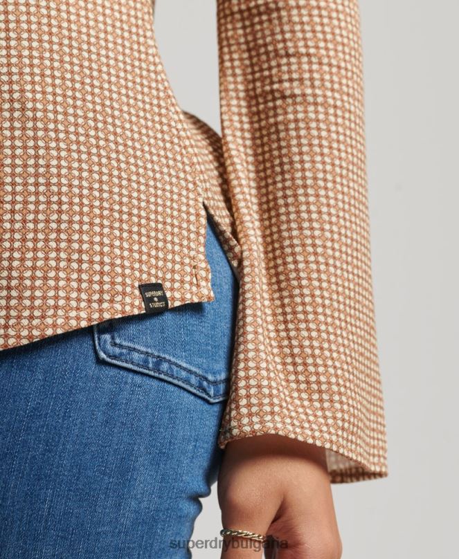Superdry облекло N00H6515 кафяво Жени Риза с дълъг ръкав с принт от 70-те