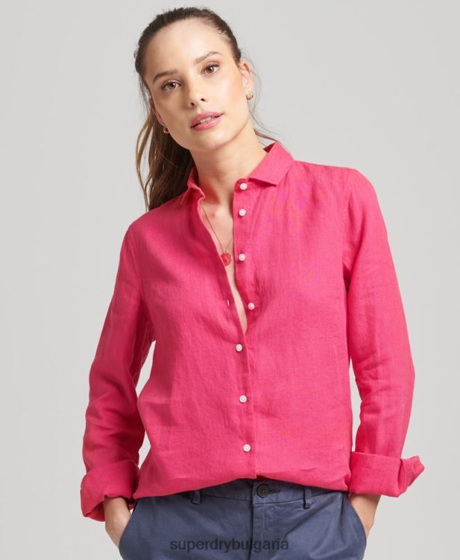 Superdry облекло N00H6538 розово Жени студийна ленена риза с дълъг ръкав