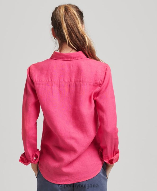 Superdry облекло N00H6538 розово Жени студийна ленена риза с дълъг ръкав