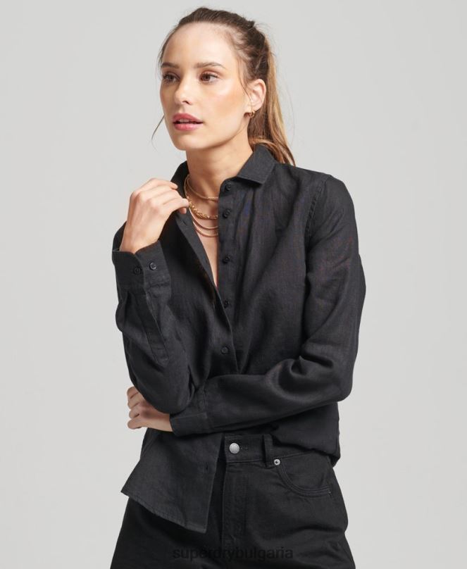 Superdry облекло N00H6609 черен Жени студийна ленена риза с дълъг ръкав