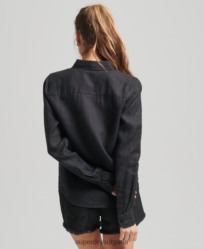Superdry облекло N00H6609 черен Жени студийна ленена риза с дълъг ръкав