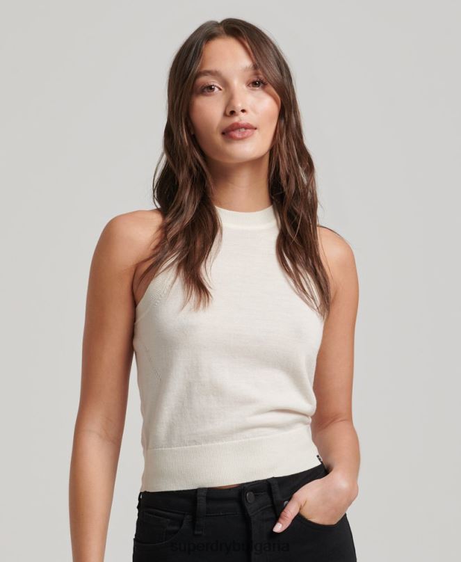 Superdry облекло N00H2936 бяло Жени плетена жилетка с мериносово деколте
