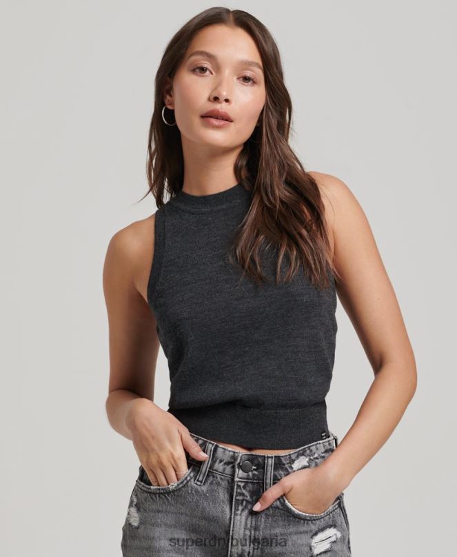 Superdry облекло N00H2976 тъмно сив Жени плетена жилетка с мериносово деколте
