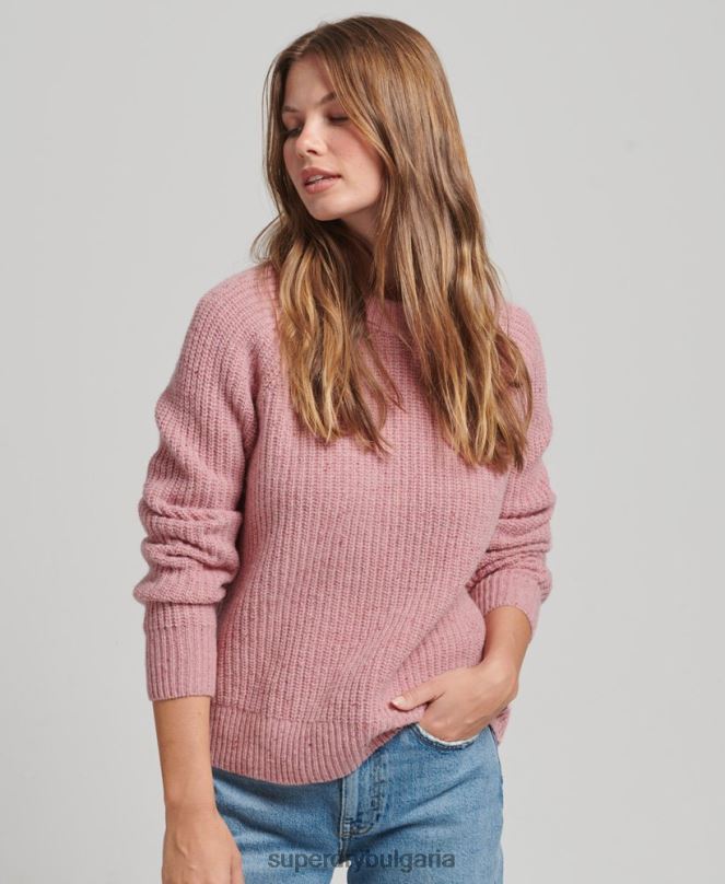 Superdry облекло N00H3952 розово Жени пуловер с оребрено деколте от туид