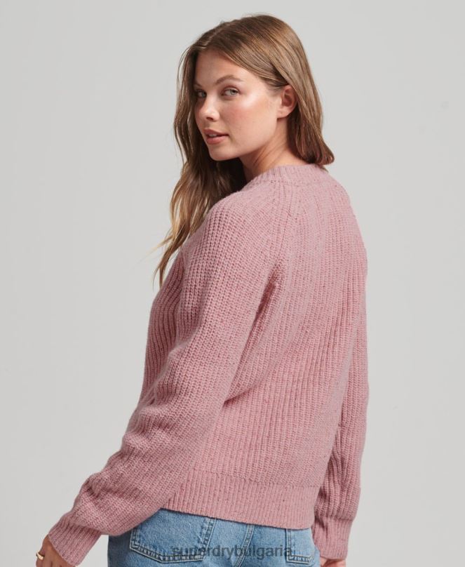 Superdry облекло N00H3952 розово Жени пуловер с оребрено деколте от туид