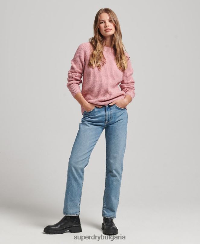 Superdry облекло N00H3952 розово Жени пуловер с оребрено деколте от туид