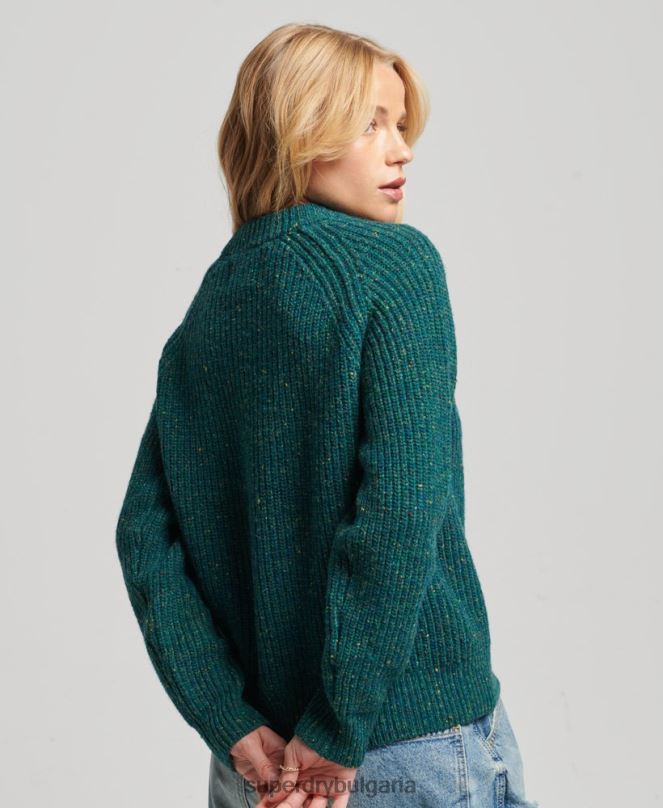 Superdry облекло N00H3953 зелено Жени пуловер с оребрено деколте от туид