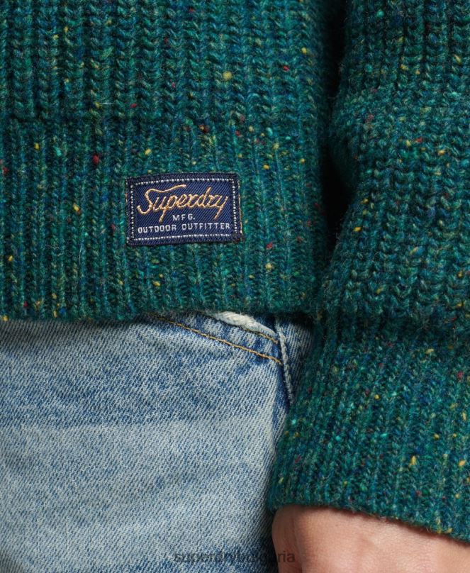 Superdry облекло N00H3953 зелено Жени пуловер с оребрено деколте от туид