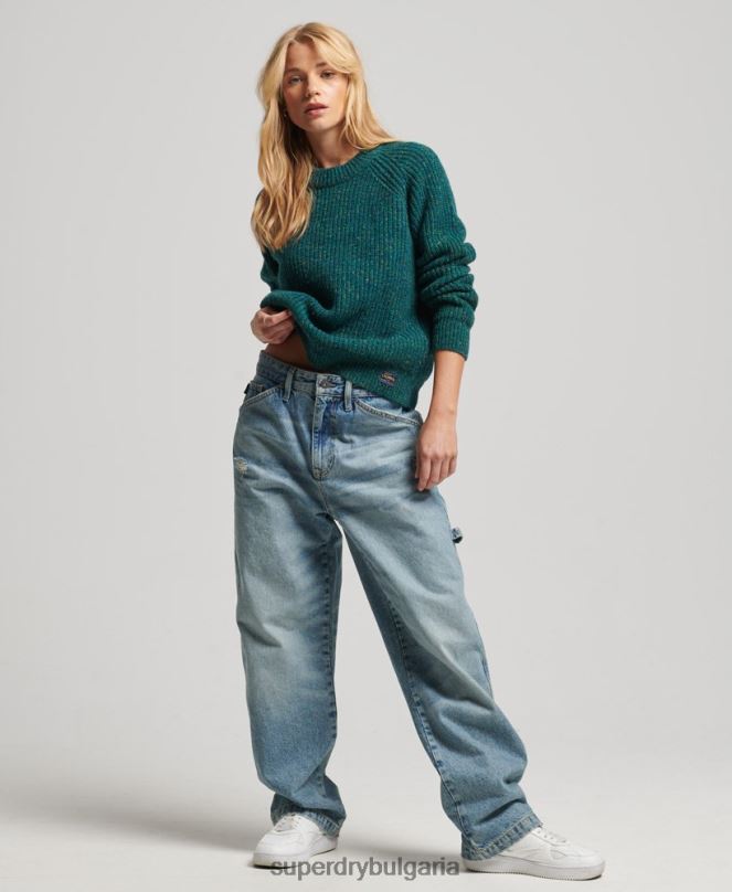 Superdry облекло N00H3953 зелено Жени пуловер с оребрено деколте от туид