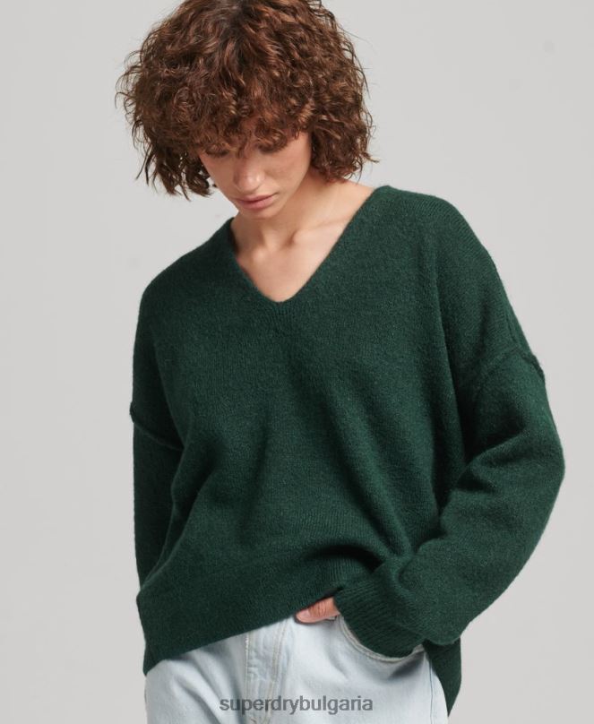 Superdry облекло N00H3961 зелено Жени голям пуловер с v-образно деколте