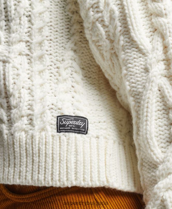 Superdry облекло N00H3963 сметана Жени кабелен плетен пуловер с поло яка