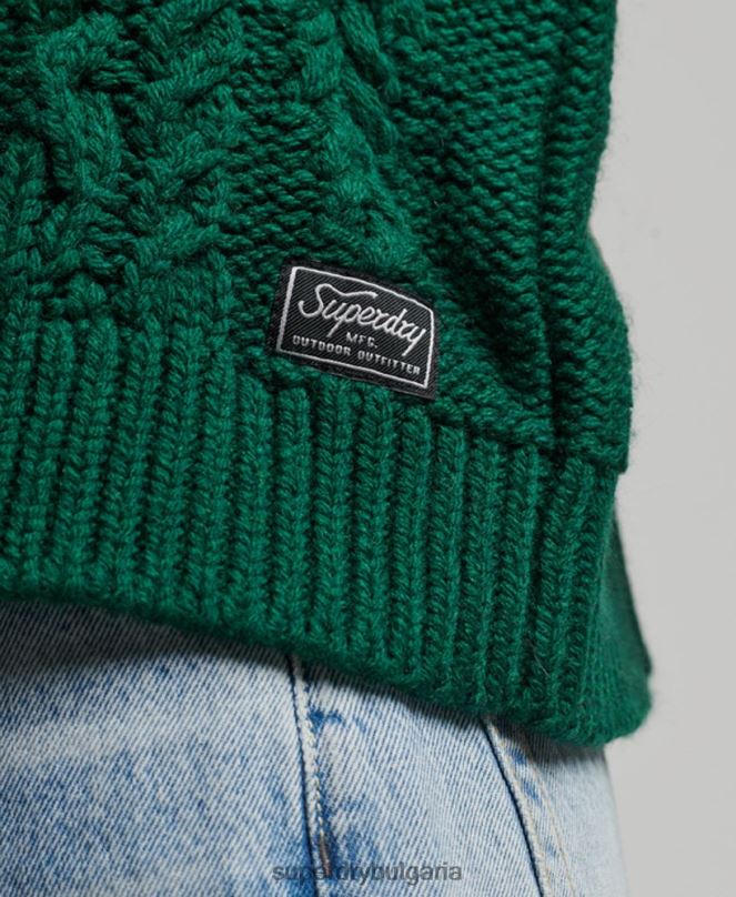 Superdry облекло N00H3966 зелено Жени кабелен плетен пуловер с поло яка