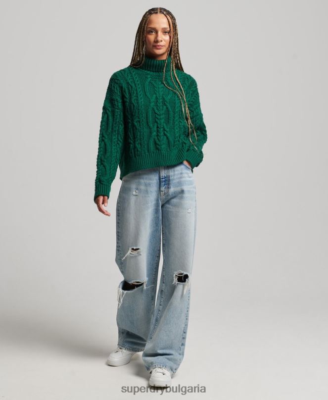 Superdry облекло N00H3966 зелено Жени кабелен плетен пуловер с поло яка