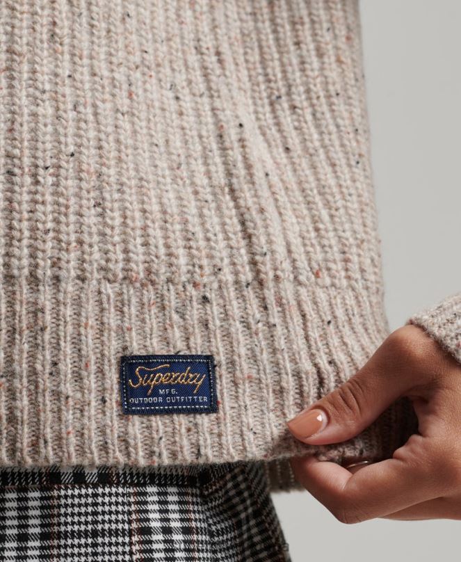 Superdry облекло N00H3974 бежово Жени пуловер с оребрено деколте от туид