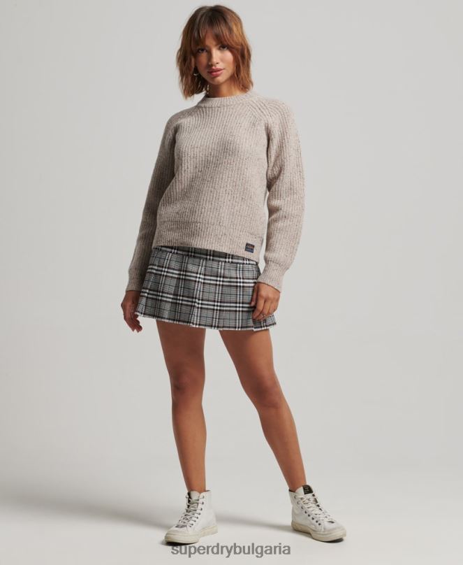 Superdry облекло N00H3974 бежово Жени пуловер с оребрено деколте от туид