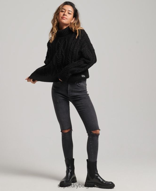 Superdry облекло N00H3976 черен Жени кабелен плетен пуловер с поло яка