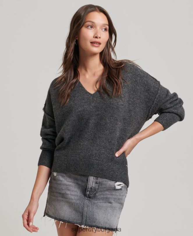 Superdry облекло N00H3982 тъмно сив Жени голям пуловер с v-образно деколте