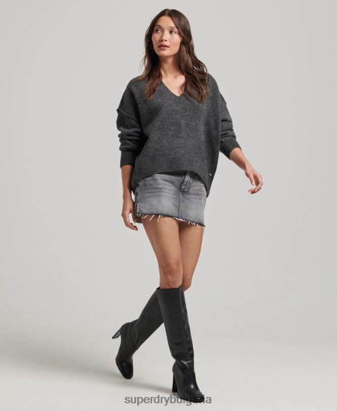 Superdry облекло N00H3982 тъмно сив Жени голям пуловер с v-образно деколте