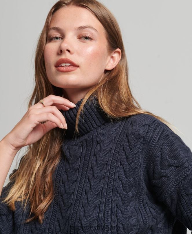 Superdry облекло N00H3985 военноморски флот Жени джъмпер за врат на ролка за кабел за рамо
