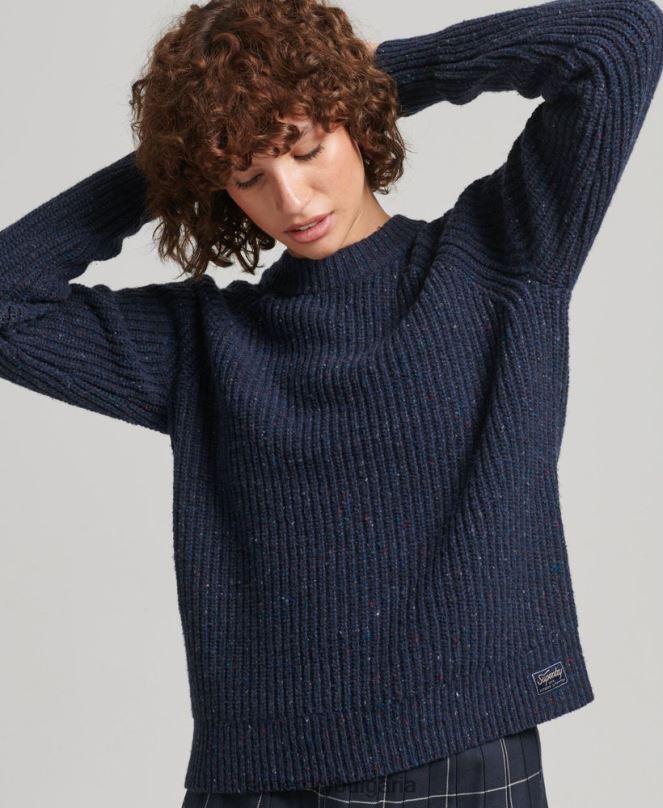 Superdry облекло N00H3988 военноморски флот Жени пуловер с оребрено деколте от туид