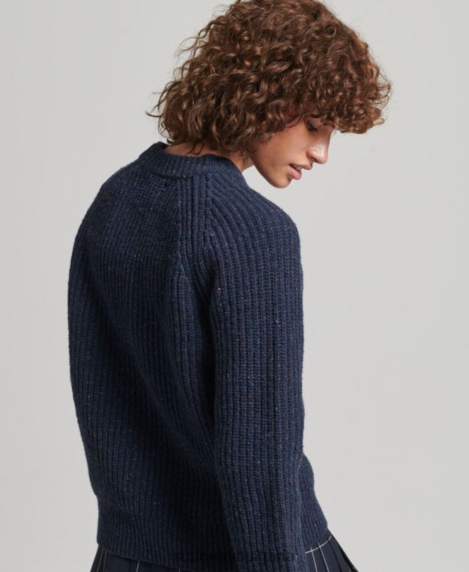 Superdry облекло N00H3988 военноморски флот Жени пуловер с оребрено деколте от туид