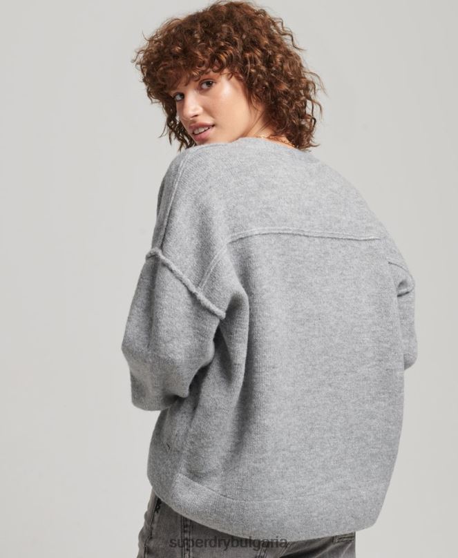 Superdry облекло N00H3990 светло сив Жени голям пуловер с v-образно деколте