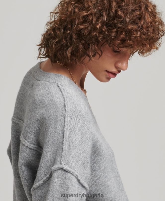 Superdry облекло N00H3990 светло сив Жени голям пуловер с v-образно деколте
