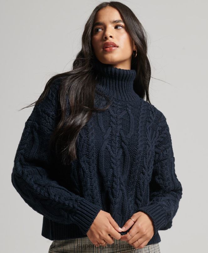 Superdry облекло N00H3991 военноморски флот Жени кабелен плетен пуловер с поло яка