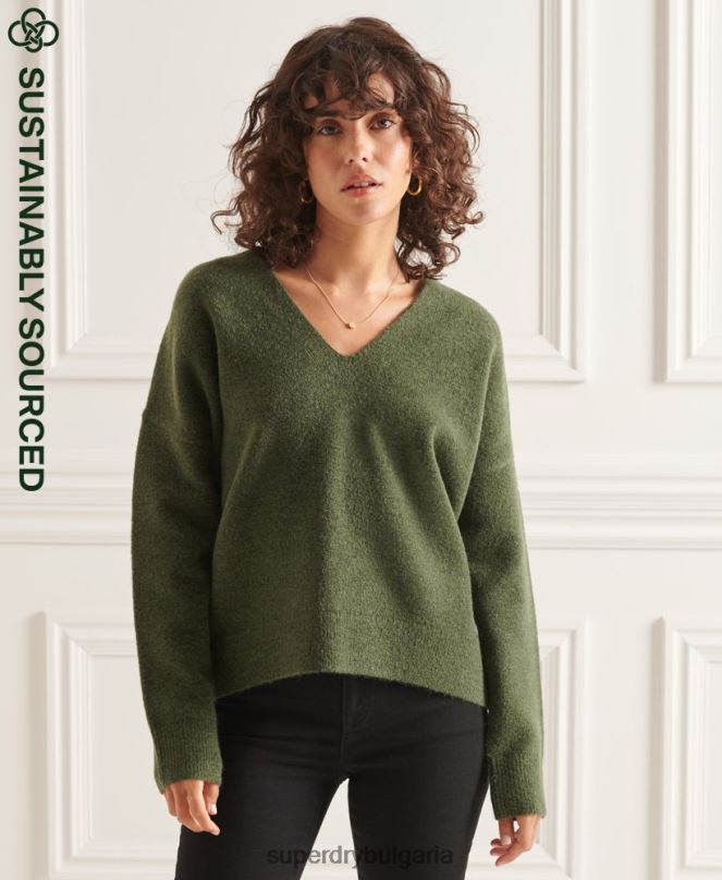Superdry облекло N00H4013 зелено Жени studios плетен джъмпер с v-образно деколте
