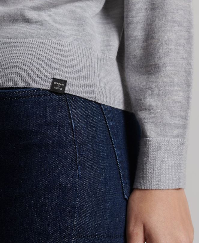 Superdry облекло N00H4020 светло сив Жени мериносов пуловер с деколте studios