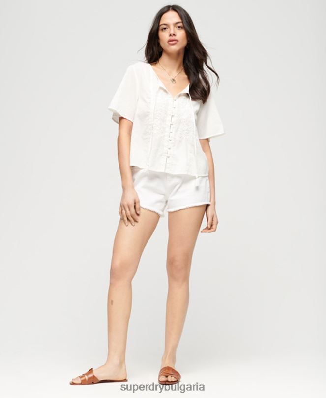 Superdry облекло N00H2078 сметана Жени горнище с бродирани копчета с къс ръкав