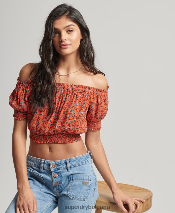 Superdry облекло N00H2110 оранжево Жени пушен топ с къс ръкав