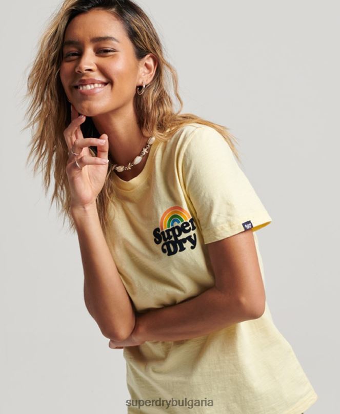 Superdry облекло N00H2178 жълто Жени ретро дъга тениска