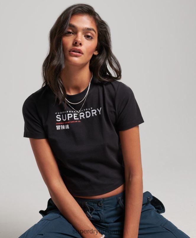 Superdry облекло N00H2231 черен Жени миниатюрна тениска с бродирана кодова графика