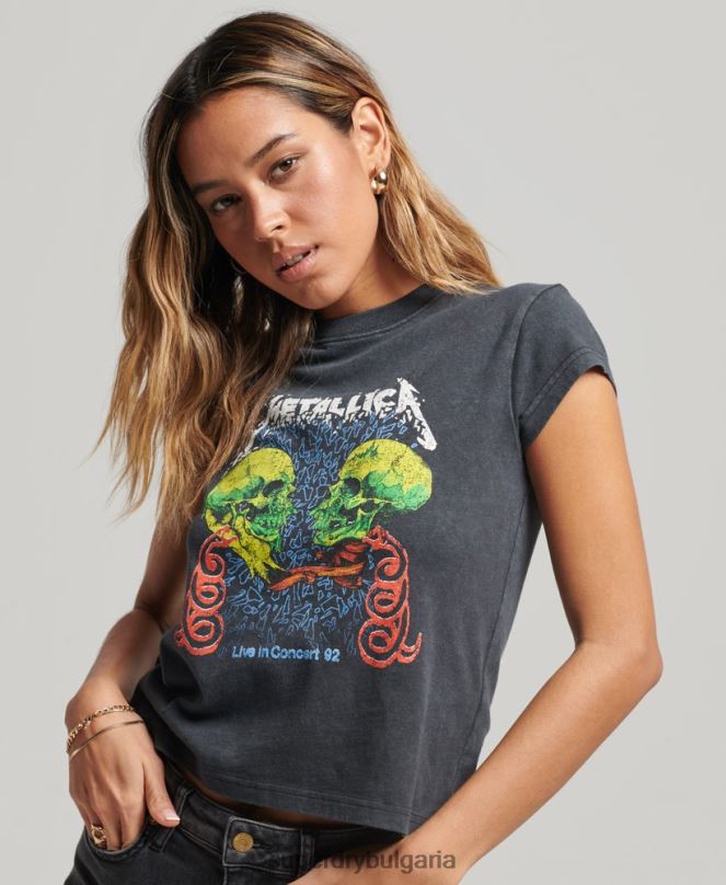 Superdry облекло N00H2611 черен Жени тениска с капачка и ръкав на metallica